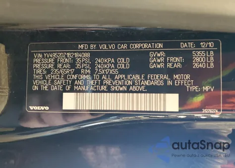 2011 Volvo Xc60 3.2 z USA, uszkodzony, nr VIN YV4952DZ1B2184088